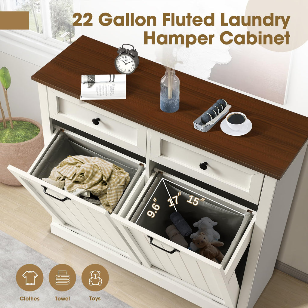 White 22 Gallon Wooden Laundry Hamper Cabinet with 2 Drawers K517097