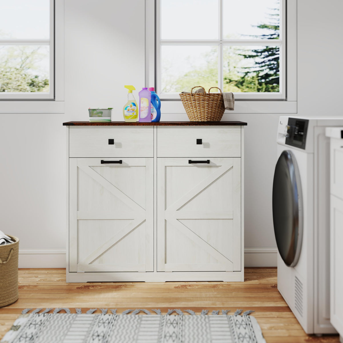 Double Tilt Out Trash Cabinet with Storage Drawers, Antique White Z5772