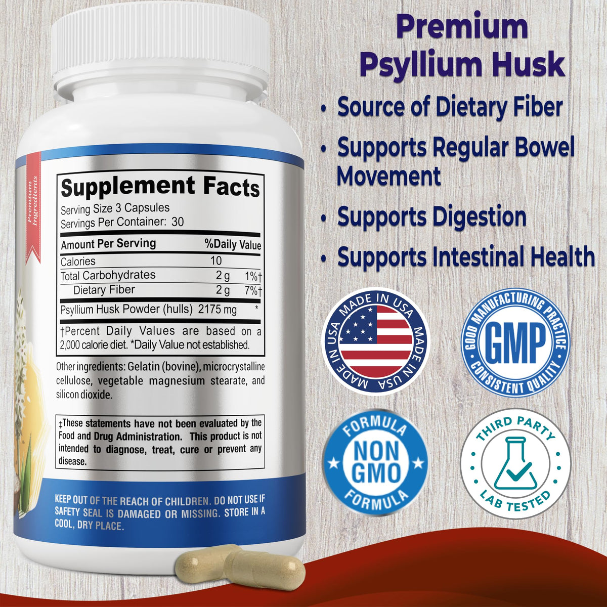 Psyllium Husk Dietary Fiber Supplement 2175mg 90 Capsules Z400480