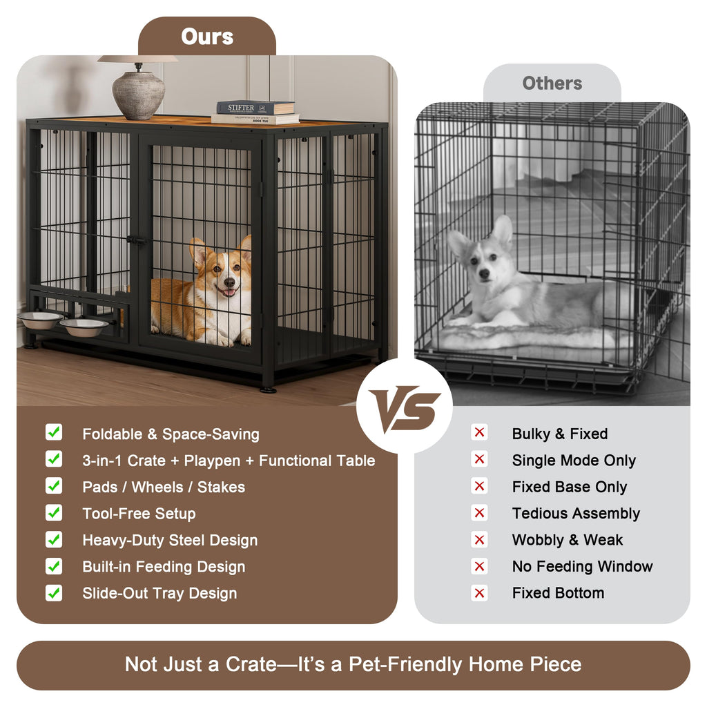 Heavy Duty Foldable Dog Crate with Wheels & Feeding Bowls M596