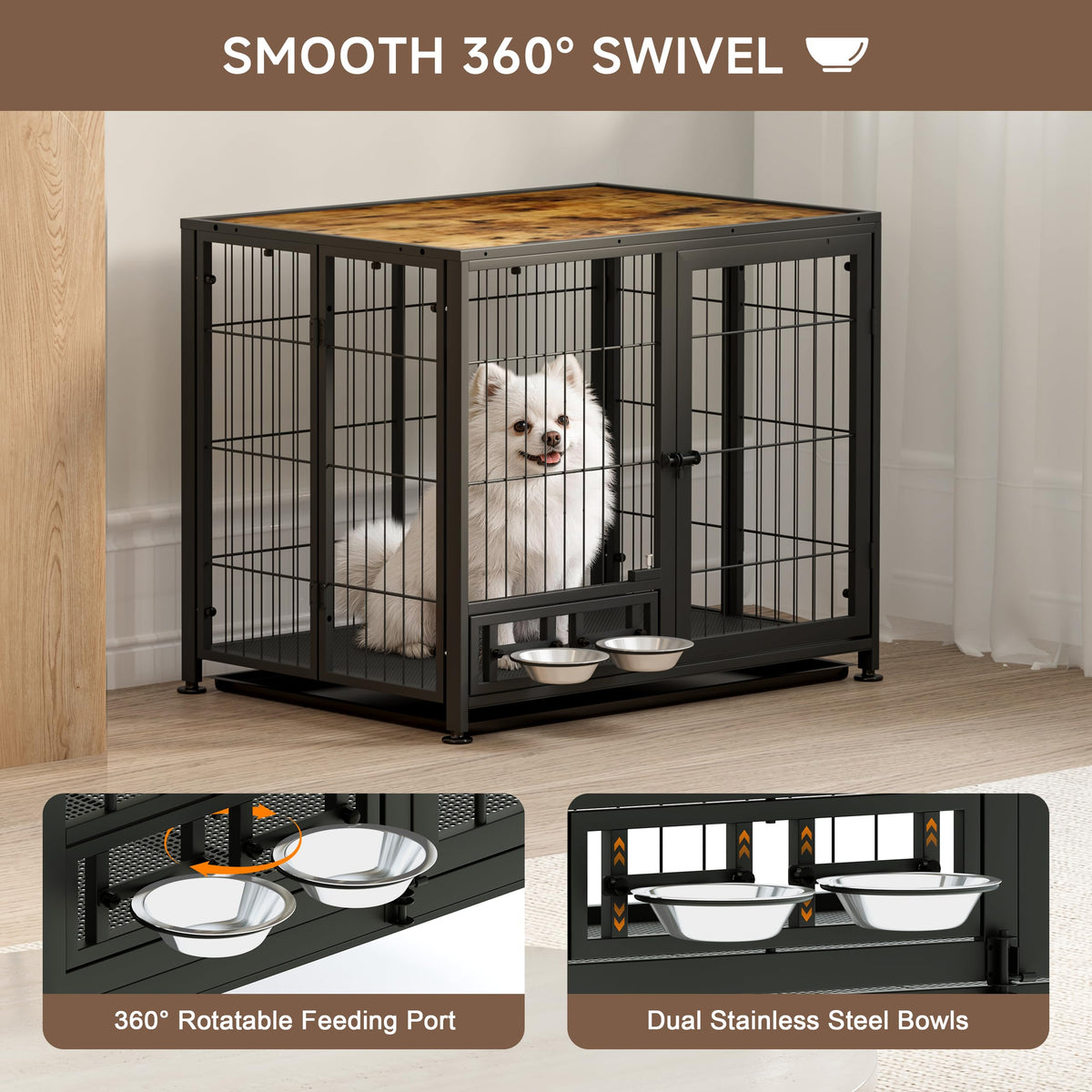 Heavy Duty Foldable Dog Crate with Wheels & Feeding Bowls M596