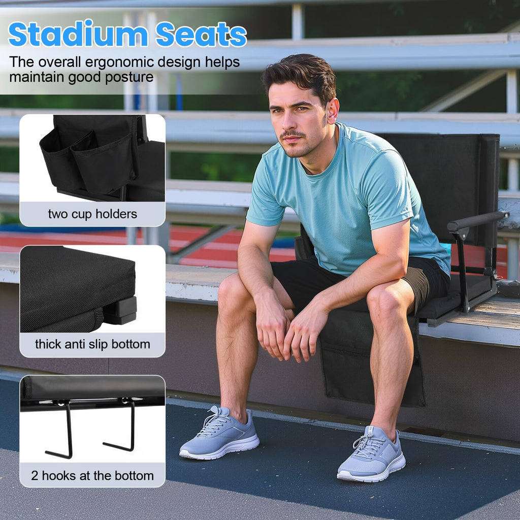 2 Pcs Black Stadium Seats with Back Support and Cushion G1506