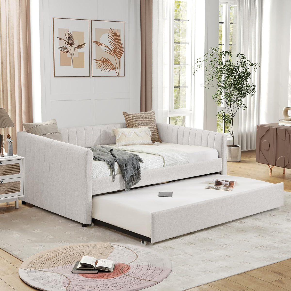 Linen Fabric Upholstered Full Size Daybed with Twin Trundle U95399