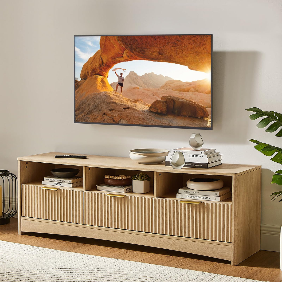 Fluted TV Stand with Storage Drawers and Open Shelf W453420