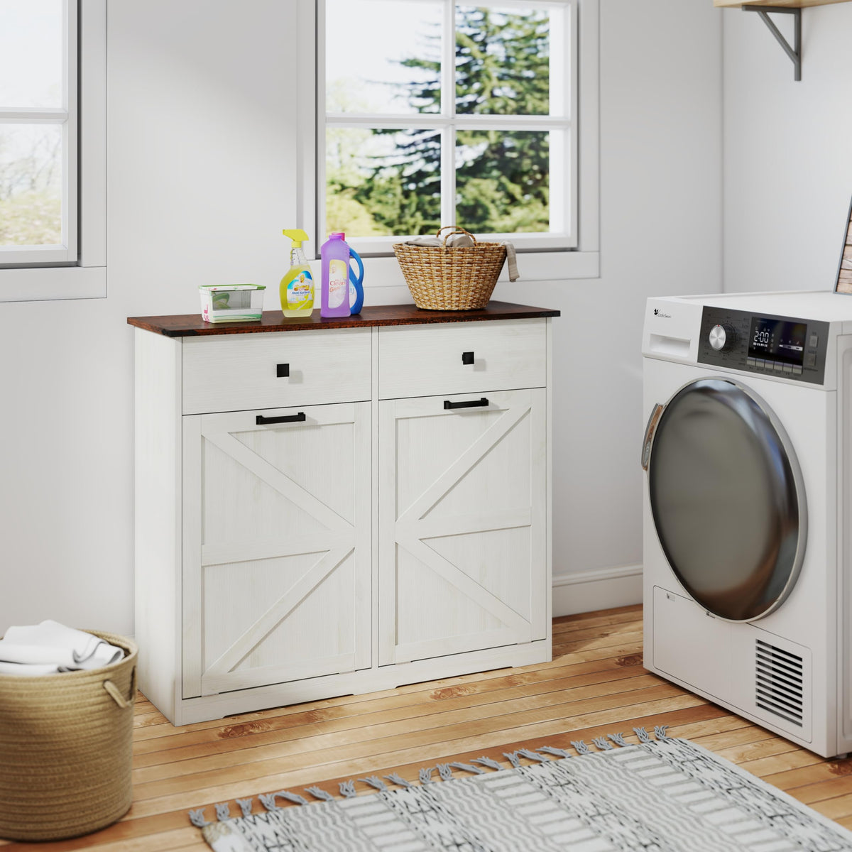 Double Tilt Out Trash Cabinet with Storage Drawers, Antique White Z5772