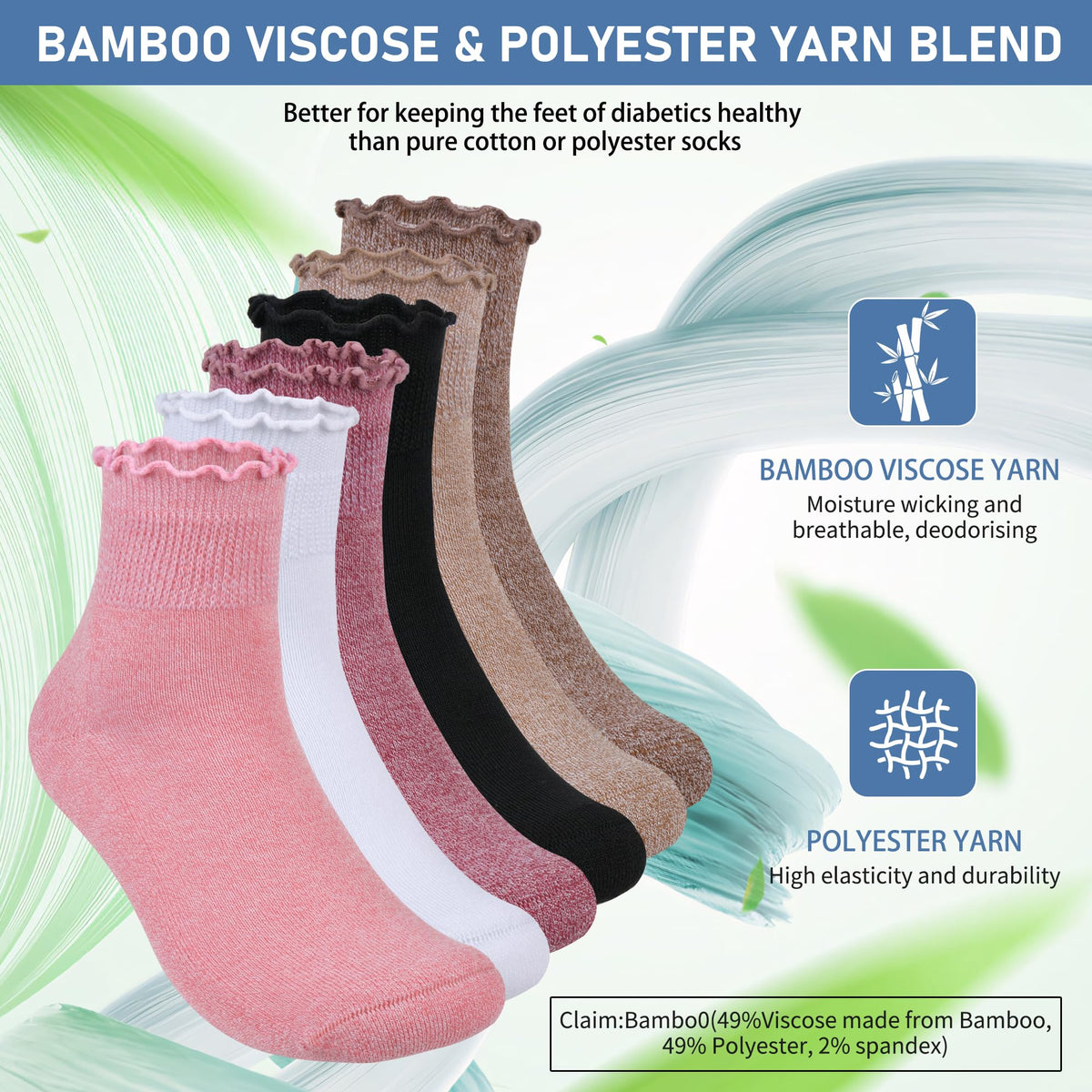 Women's 6 Pairs Non-Binding Diabetic Socks Size 9-11 K730