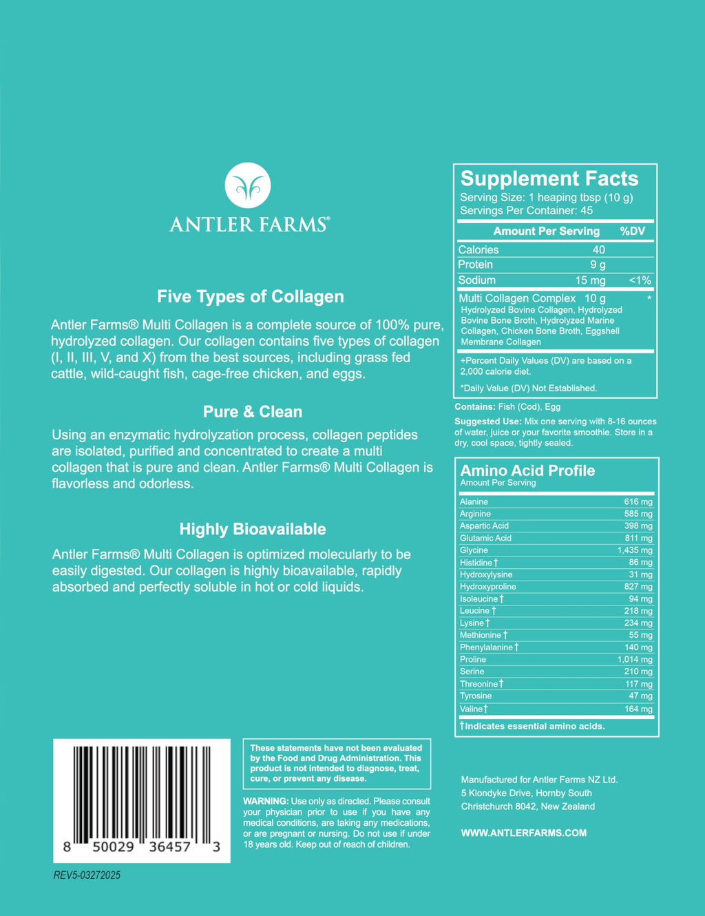Multi Collagen Protein Powder 5 Types Unflavored 1 lb K523363