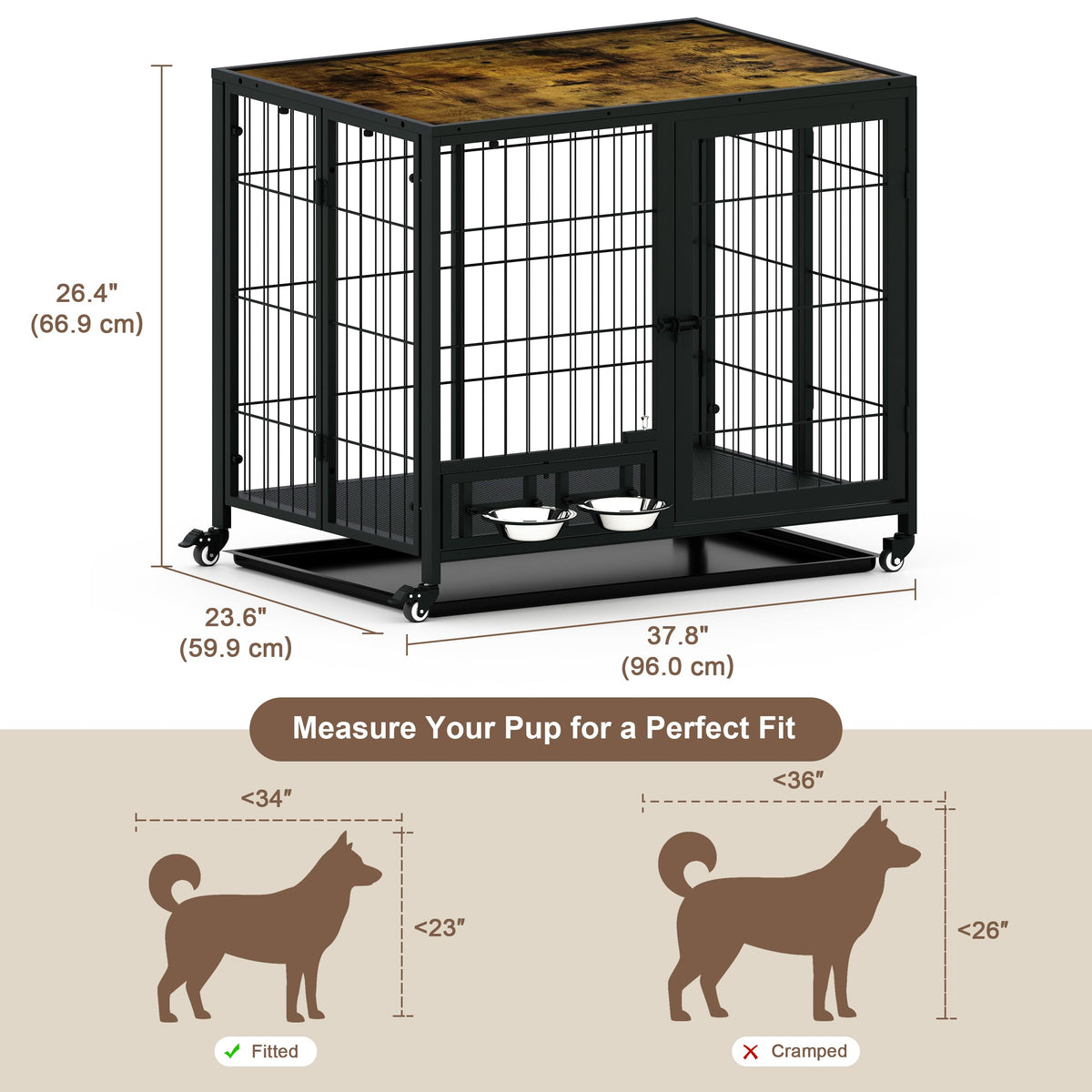 Heavy Duty Foldable Dog Crate with Wheels & Feeding Bowls M596