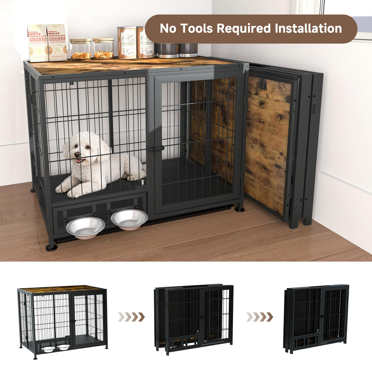 Heavy Duty Foldable Dog Crate with Wheels & Feeding Bowls M596