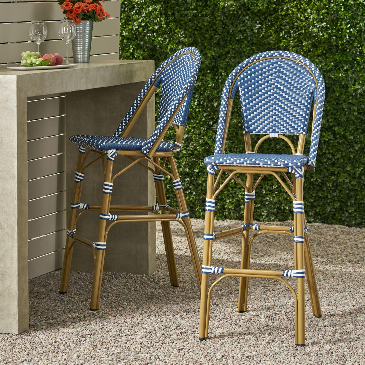 29.5" Outdoor PE Rattan Bar Stool, Dark Teal and White, Set of 2 L400