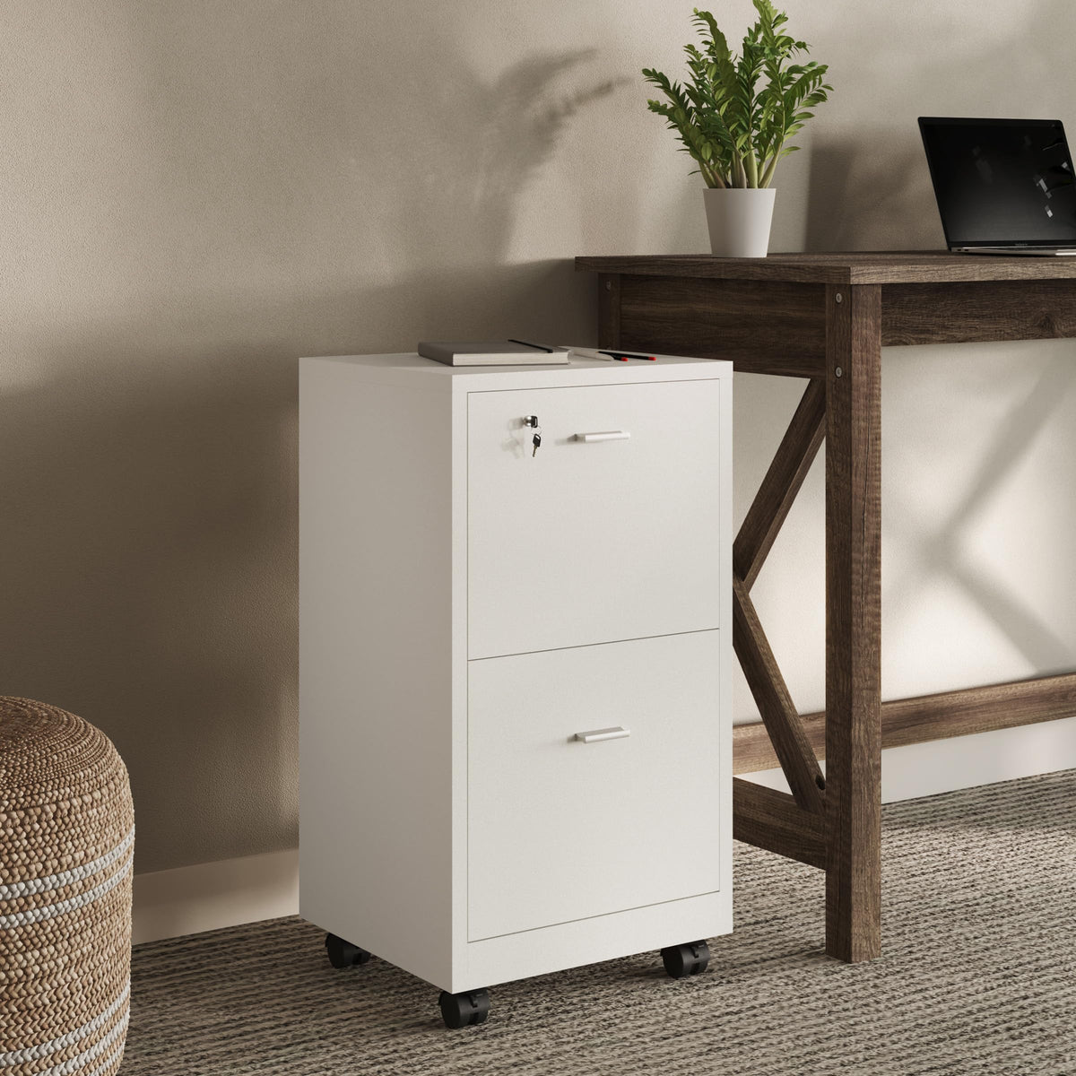 White 2-Drawer Wooden File Cabinet with Lock L23192