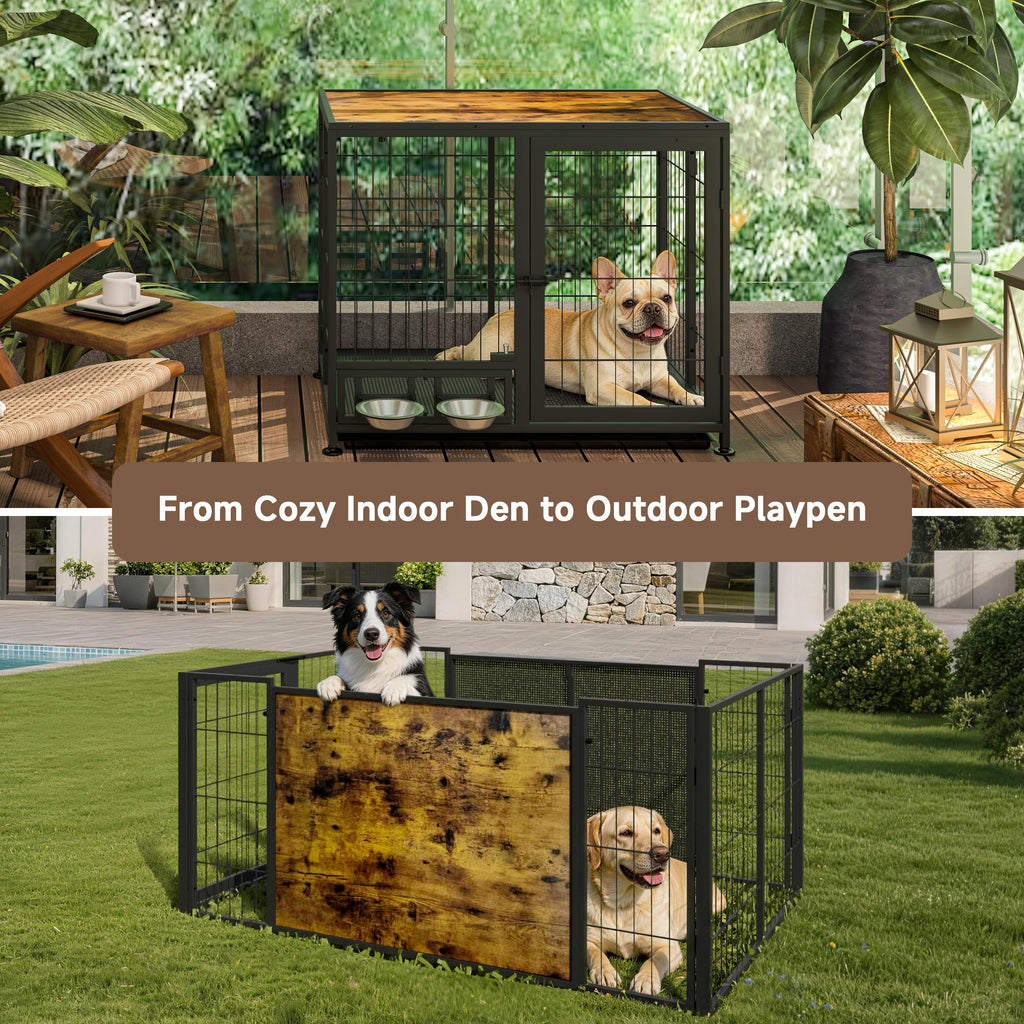 Heavy Duty Foldable Dog Crate with Wheels & Feeding Bowls M596