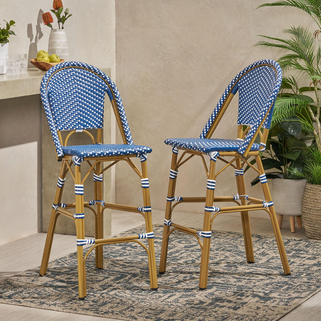 29.5" Outdoor PE Rattan Bar Stool, Dark Teal and White, Set of 2 L400